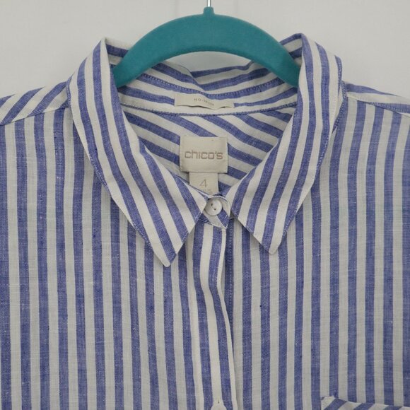 Chico's No-Iron Linen Shirt Womens XXL Blue Preppy Nautical Coastal Classic - Picture 6 of 16